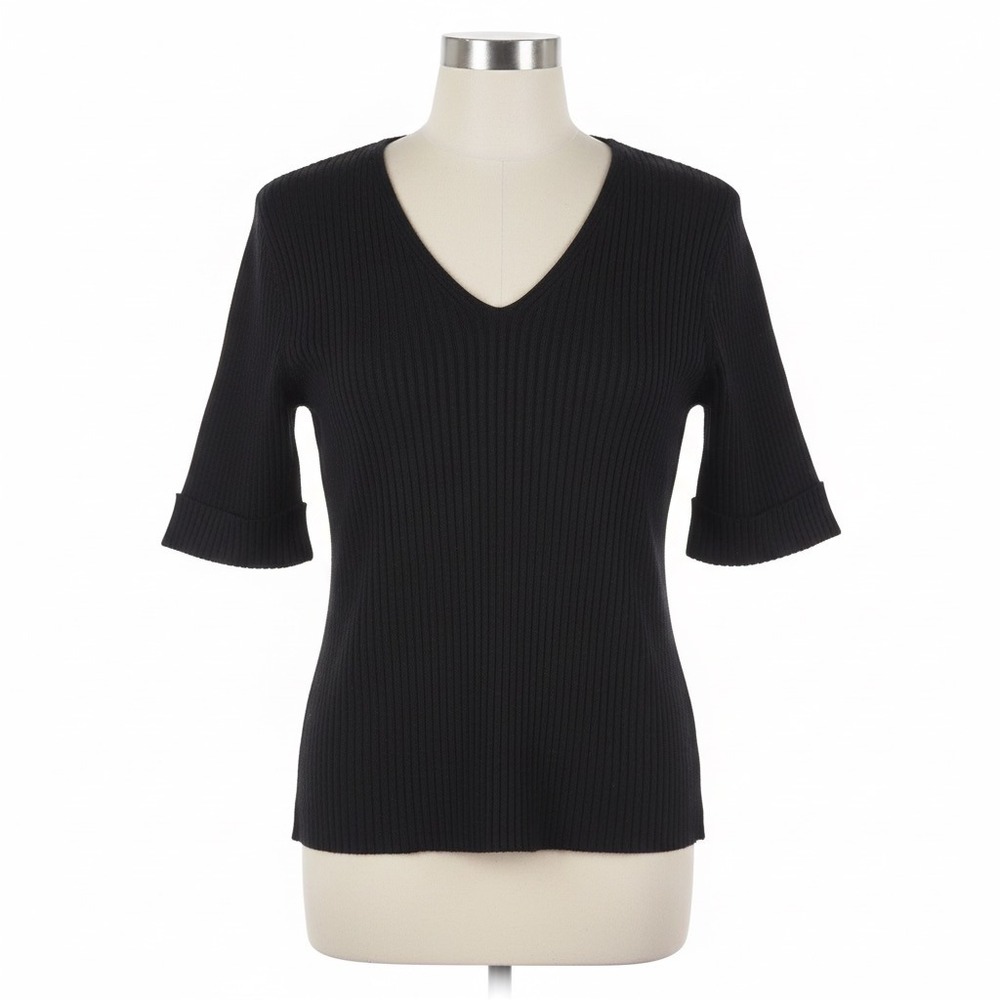 Kathie Lee Collection Knit Top Black Short Sleeve Ribbed V Neck Metallic Large